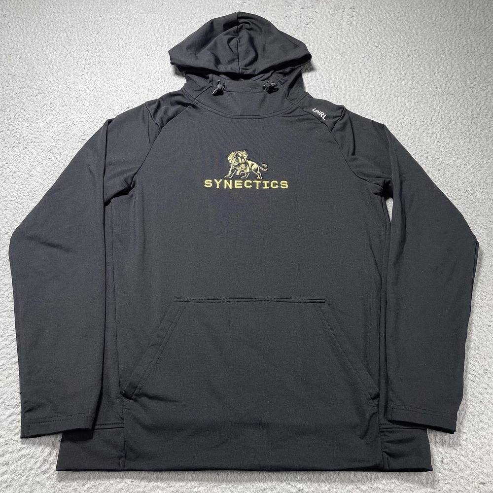 UNRL Hoodie Mens Small Black Synectics Lion Logo Fleece Pullover Sweatshirt‎